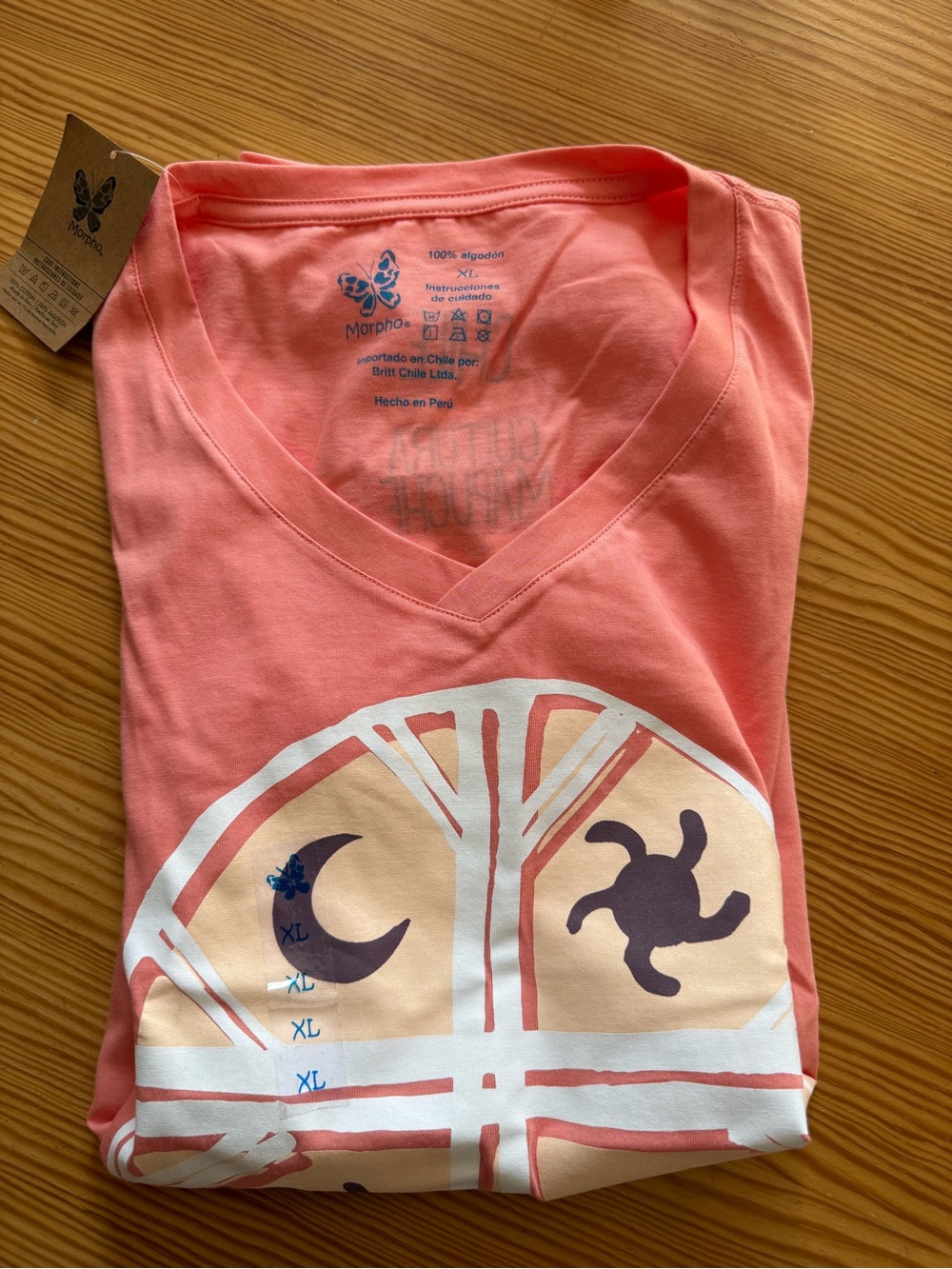 Womens Coral Pink V-Neck Graphic Tee, XL fits like a Medium